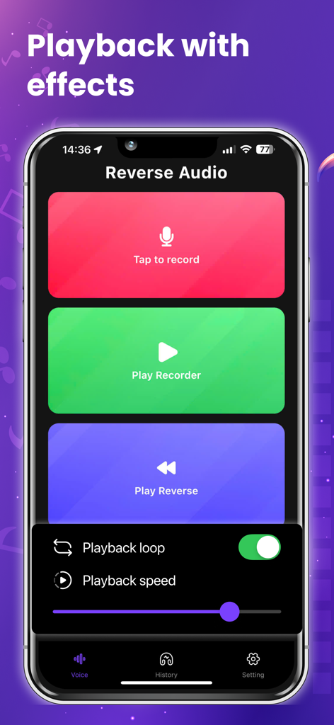 AI Reverse Audio - Benutzeroberfläche der AI Reverse Audio App mit Aufnahmeschaltflächen und Einstellungen für die Wiedergabegeschwindigkeit.