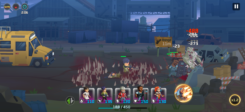 A group of hero survivors engaging in tactical combat against a giant zombie in a post-apocalyptic city