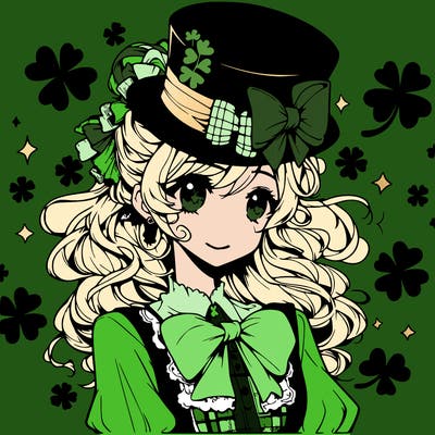 a manga-style girl with clovers around her, a little hat in her hair, like it's saint patrick's day