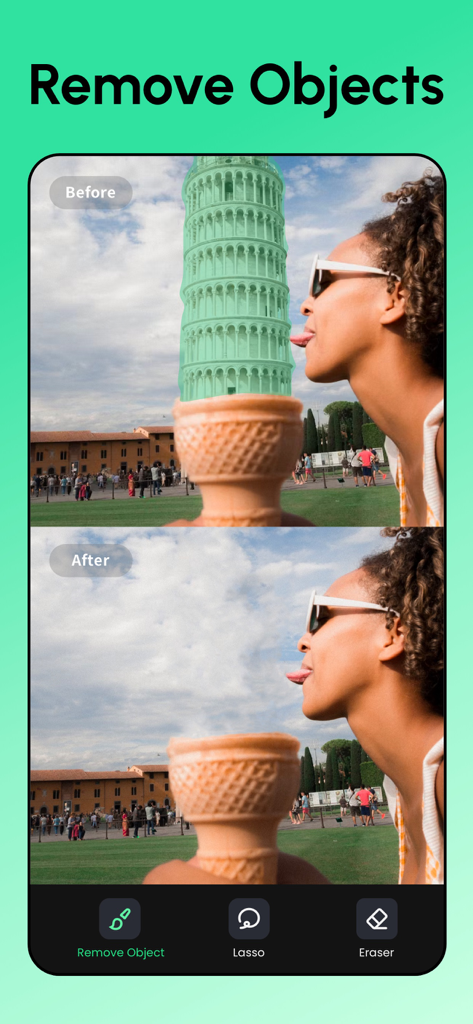 Remove Objects: Pic Retouch AI - Before and after demonstration showing the removal of the Leaning Tower of Pisa from a photo using the AI retouching app