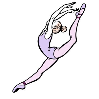 gymnast doing a leap in a leotard with a bent back leg