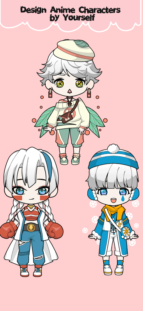 Three custom anime-style characters designed in the Vlinder Dolls dress up app.