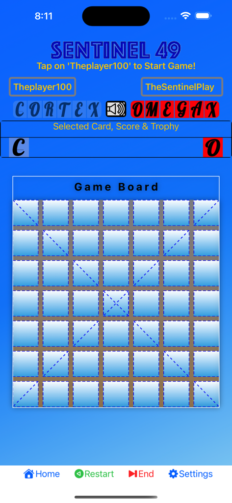 Sentinel49 word strategy game interface with a 49-tile grid and players CorteX vs Omegax