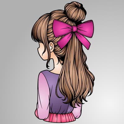 realistic girl  with hip length hair a bun and a big bow on the back of head