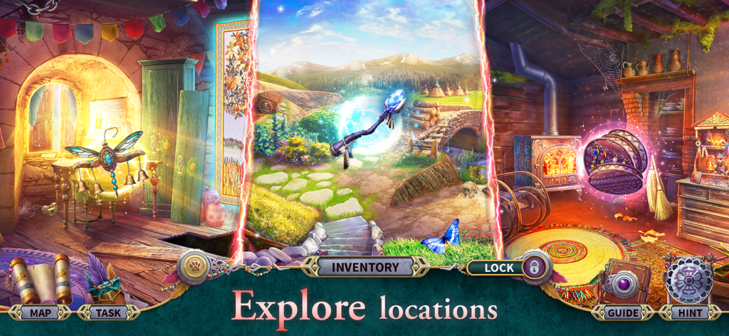 Knight Cats 3: Solve Mystery - Gameplay screenshot showing diverse magical locations to explore in Knight Cats 3 Solve Mystery