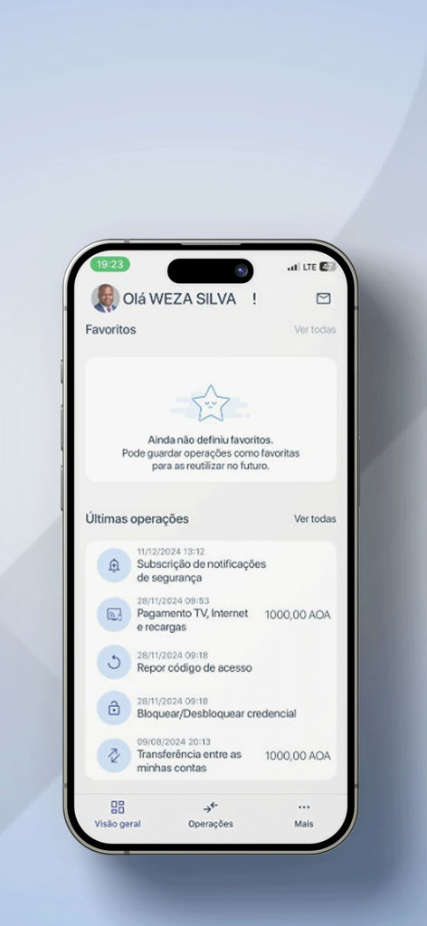 BPC - BPC mobile banking app interface showing a user dashboard with recent transactions such as service payments and transfers in Kwanza