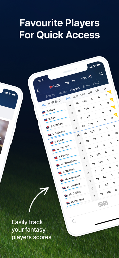 A mobile screen showing detailed NRL player statistics and fantasy score tracking within the Rugby League Live app.