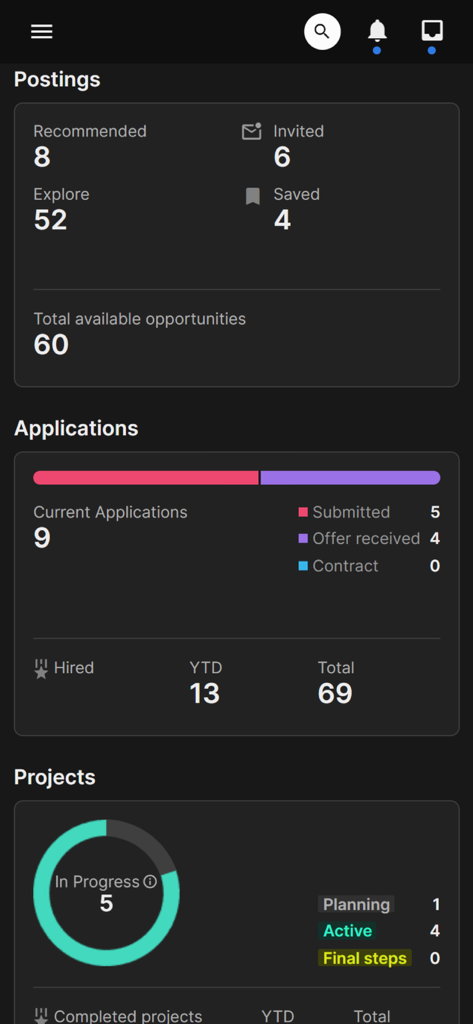 Glimmer.io - Glimmer app dashboard showing current job postings, applications, and active creative projects.