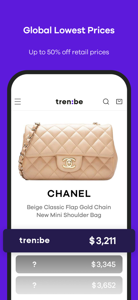 Trenbe app interface showing global price comparisons and discounts on a Chanel shoulder bag