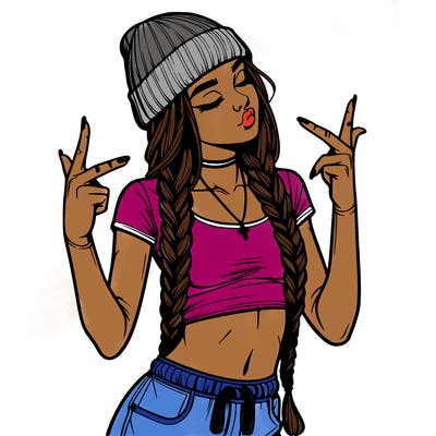 realistic teenage girl with braids and a beanie and crop top doing 🫶🏼