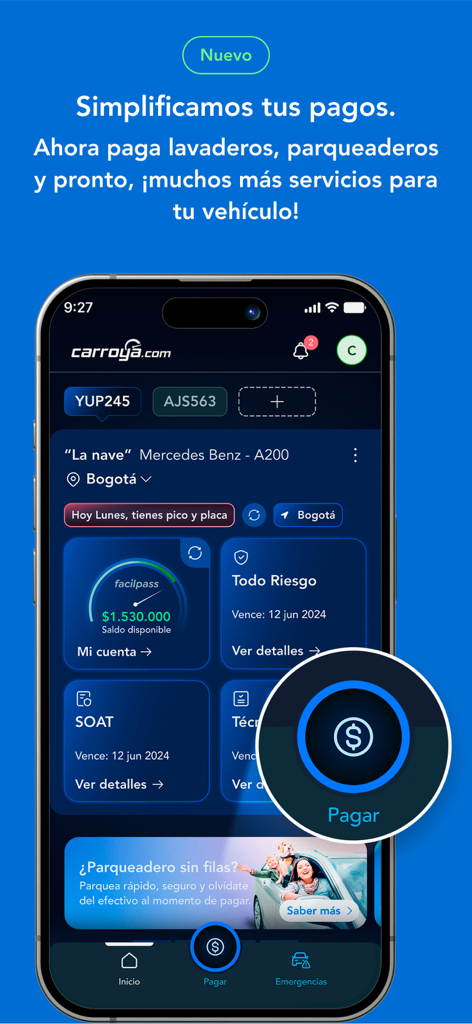 CarroYa - Painel do aplicativo móvel CarroYa mostrando serviços de gerenciamento de veículos e opções de pagamento simplificadas