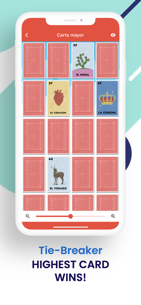Baraja de Lotería Mexicana - A tie-breaker screen from the Baraja de Loteria Mexicana app showing traditional cards like El Nopal and El Corazon with the text Highest Card Wins.