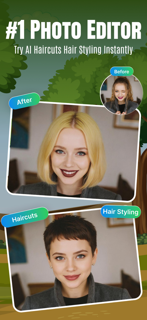 Flux AI Image Generator: Pixy - A screenshot of the Pixy AI app showing different hairstyles and haircuts using virtual try-on technology.