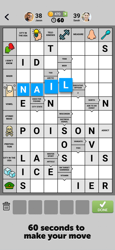 A mobile phone screen showing a Scandinavian style crossword puzzle with icons and text clues in a multiplayer word game.