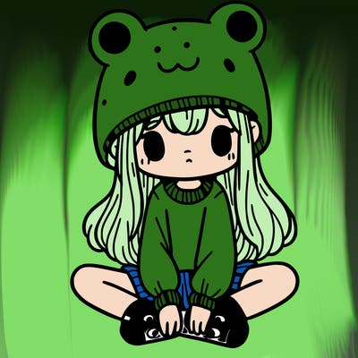a girl wearing a frog hat and some frog socks