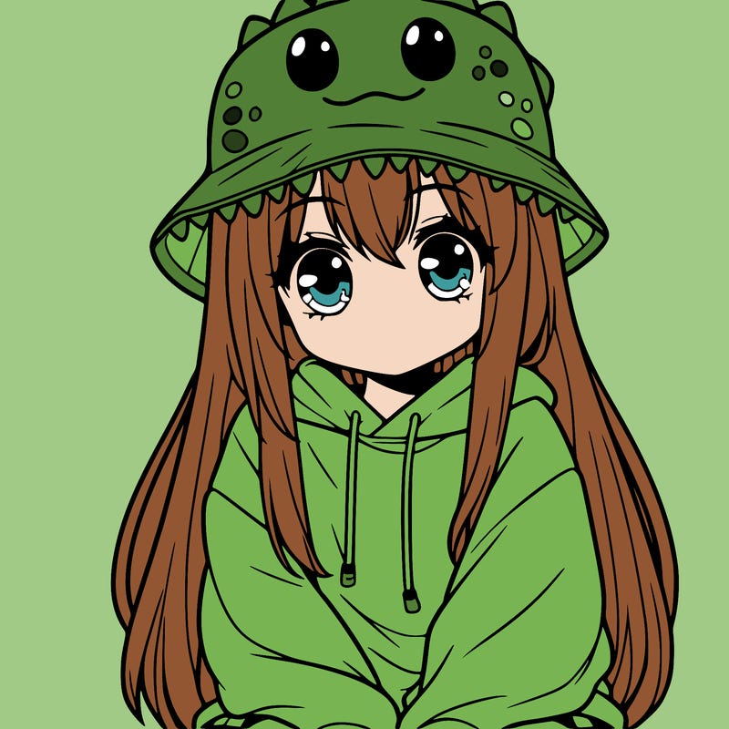 girl with anime shaped eyes with a dinosaur bucket hat oversized sweatshirt long straight hair