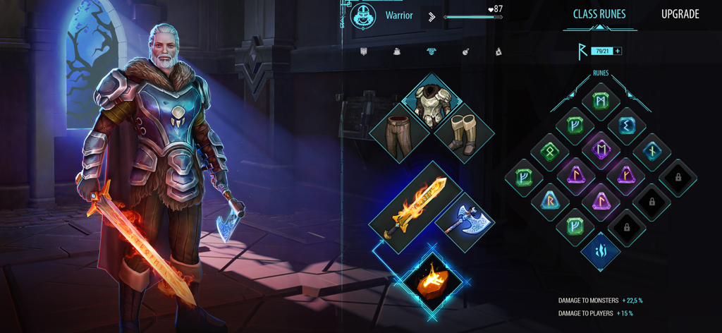 Frostborn: Coop Survival - Pantalla de personalización de personaje mostrando un guerrero vikingo con equipo y runas de clase