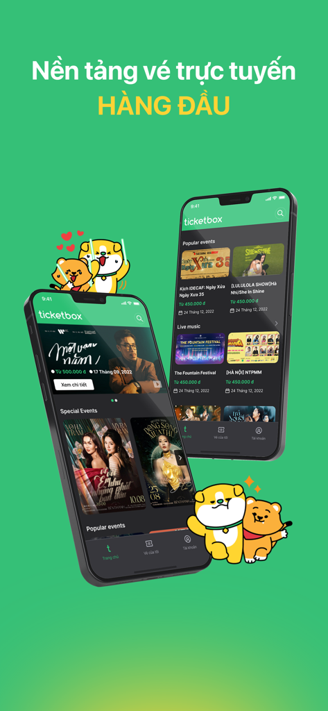 Ticketbox - Dois iPhones mostrando a interface do aplicativo Ticketbox com listagens de música ao vivo e eventos em um fundo verde