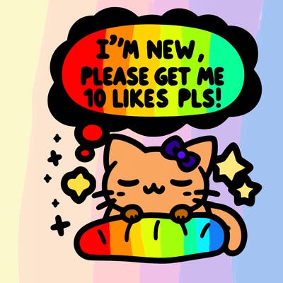 kitty taking a nap dream talking and saying "i'm new, please get me at least 10 likes pls!!"