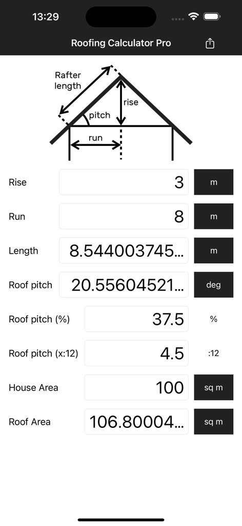 Roofing Calculator Pro - Roofing Calculator Pro app interface showing rafter length and roof pitch calculations