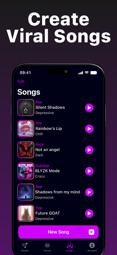 A smartphone screen displaying the Banger AI Music Generator app with a list of generated songs across various genres like Rap, Pop, and Rock.