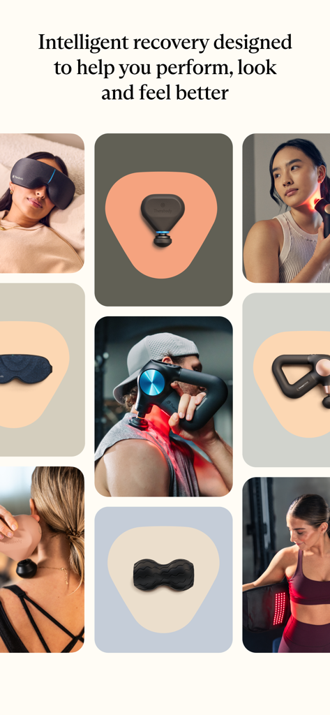 Collage de personas usando varios dispositivos Therabody, incluidas pistolas de masaje y máscaras para los ojos, para la recuperación y el bienestar.
