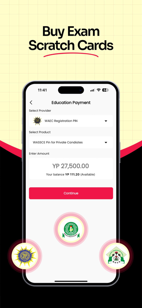 A smartphone screen of the YangaPlug app showing the Education Payment interface to buy exam scratch cards for WAEC and JAMB.