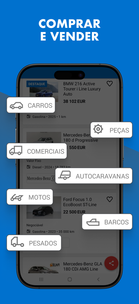 Standvirtual: Car Marketplace - Interfaz de la aplicación Standvirtual mostrando una lista de categorías de vehículos, incluyendo coches, motos, barcos y autocaravanas, sobre una lista de anuncios de coches.