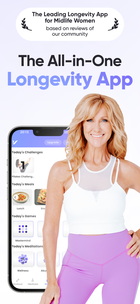 VitaliT by Fabulous50s - Schermata promozionale dell'app VitaliT by Fabulous50s per donne di mezza età con strumenti di fitness, nutrizione e allenamento cerebrale