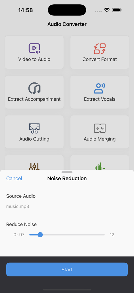 Audio Converter: Audio Editing - Interfaz de la aplicación Audio Converter que muestra la herramienta de reducción de ruido y las opciones de edición
