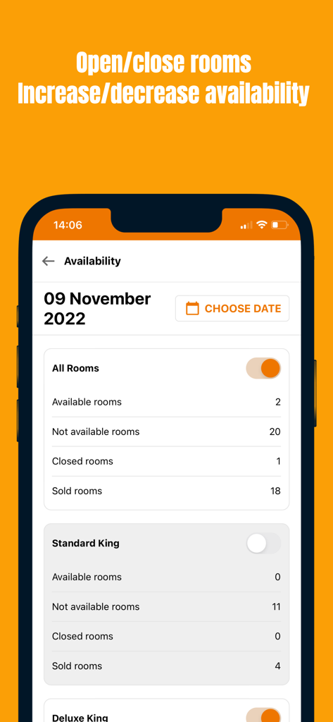 ZUZU HMS - ZUZU HMS mobile app interface for managing hotel room availability and inventory