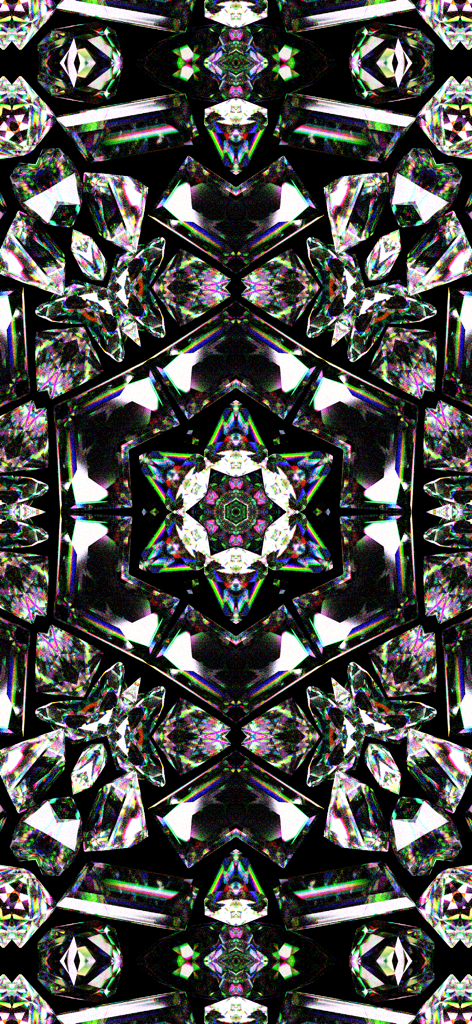 Intricate symmetrical kaleidoscope pattern with crystal geometric shapes and rainbow light dispersion