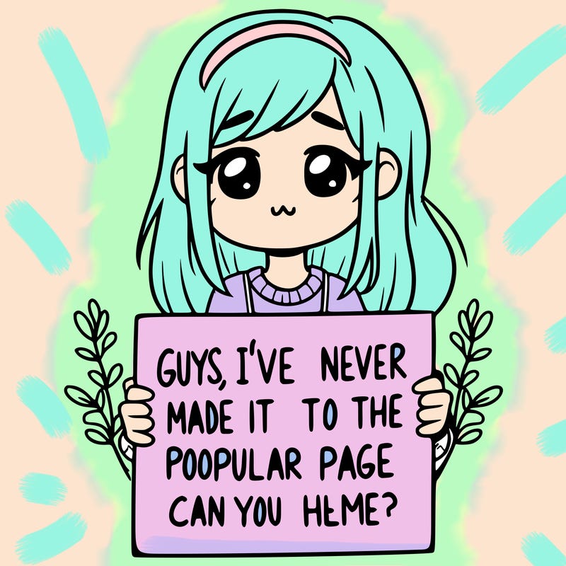 a girl holding up a sign that says, guys, i’ve never made it to the popular page, can you help me?
