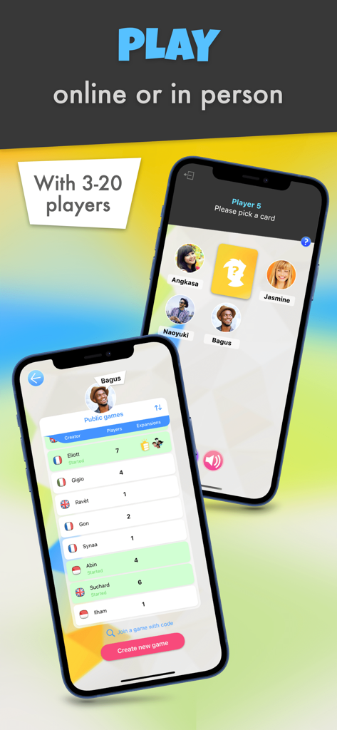 Deux écrans mobiles affichant le lobby public du jeu de société Undercover et l'écran de sélection des joueurs pour le jeu en ligne et hors ligne.