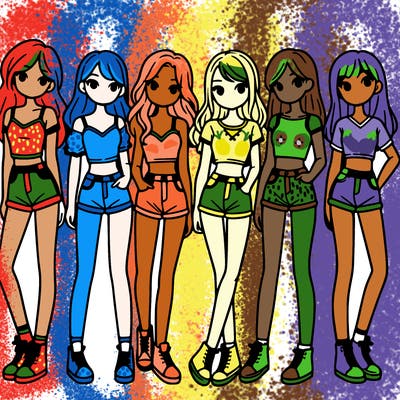 a group of girls wearing crop tops and shorts
