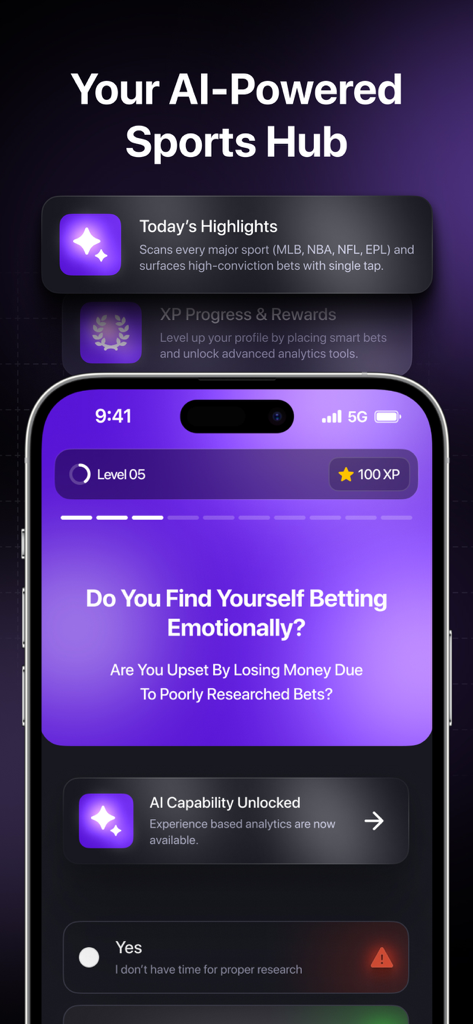 Stat AI - Sports Analysis - Stat AI sports analysis app interface showing an AI powered sports hub with personalized highlights and betting insights