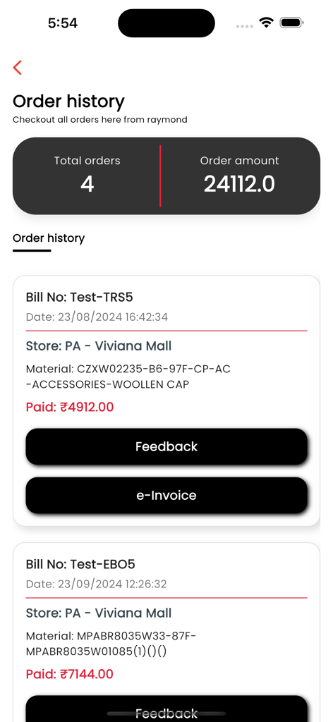 Order history screen in the Raymond Rewards app displaying transaction details and total purchase amounts