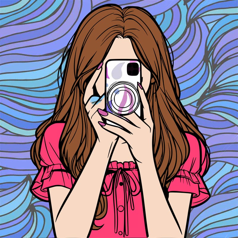 a realistic girl holding her phone taking pictures