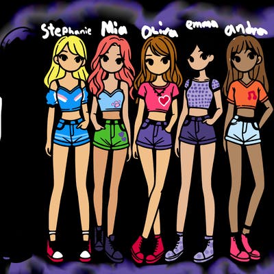 a group of girls wearing crop tops and shorts