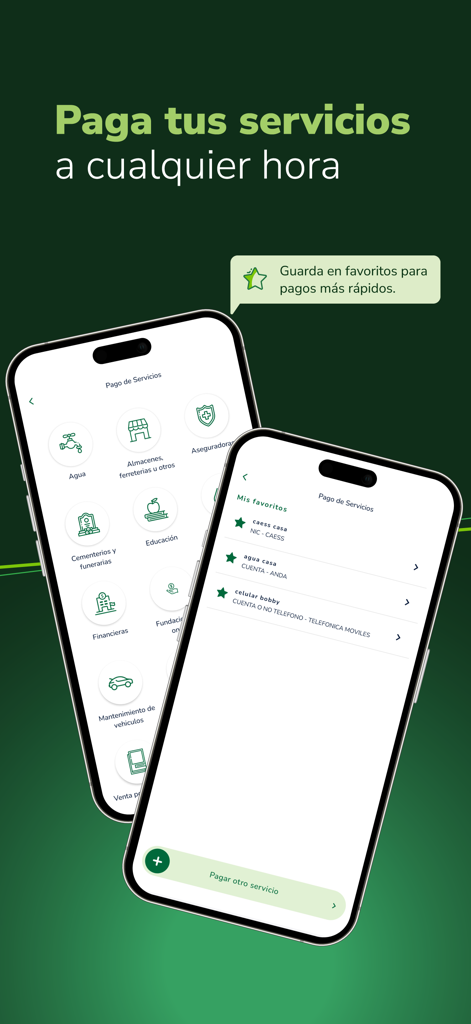 Promerica SV - Promerica SV mobile app interface showing bill payment categories and favorite saved payments for utility services