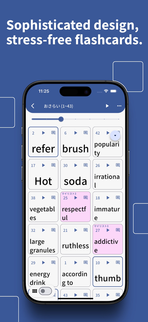 Flash Cards & Dictionary - Pantalla de aplicación móvil que muestra una cuadrícula de tarjetas de vocabulario en inglés para un estudio eficiente y recuerdo activo