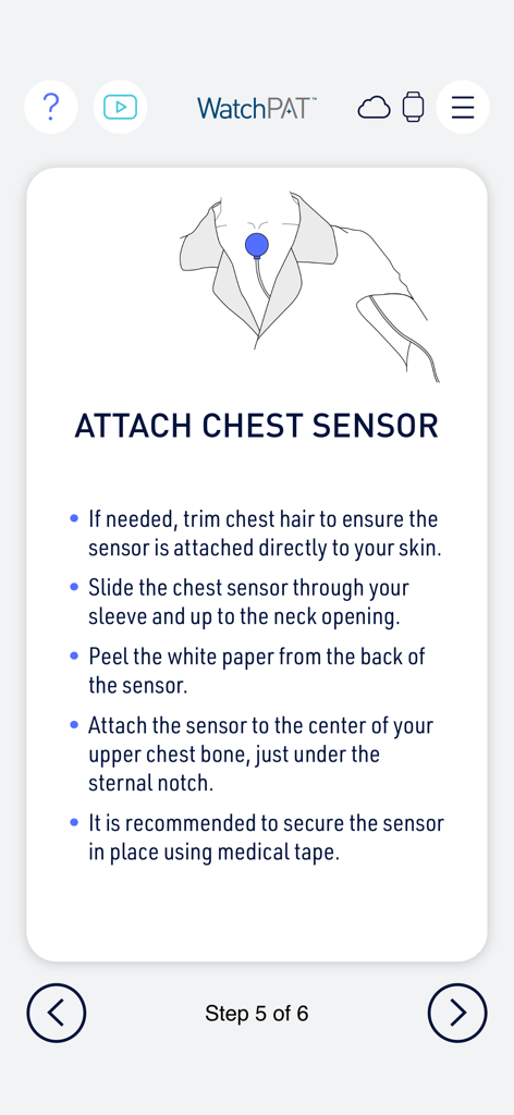 Step by step instructions in the WatchPAT app for attaching the chest sensor for a sleep study