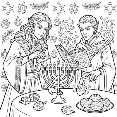 Embark on a magical journey with this unique coloring page featuring Elven Mages celebrating Hanukkah. Discover a festive scene filled with traditional symbols and a touch of arcane wonder, perfect for creative minds.