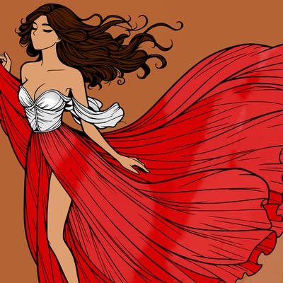 realistic woman in dress flowing the the wind