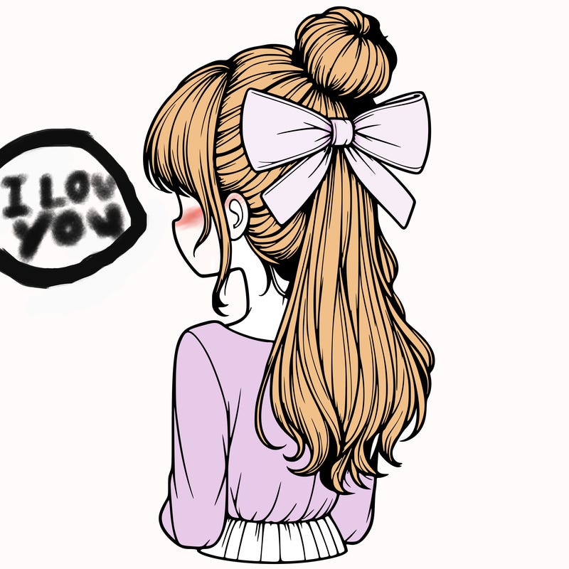 realistic girl  with hip length hair a bun and a big bow on the back of head