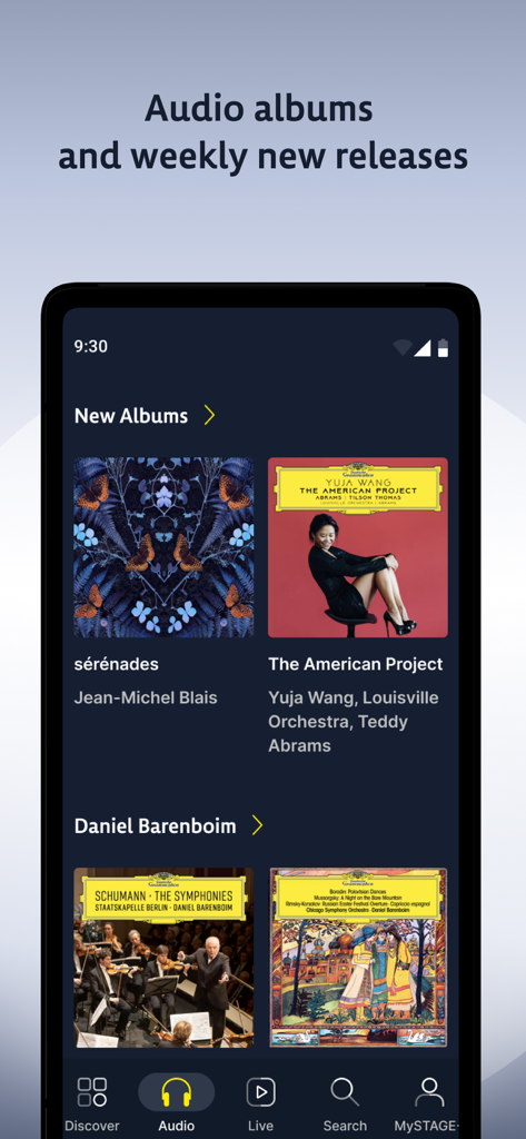 Interface der STAGE plus App mit neuen Klassik-Alben und wöchentlichen Veröffentlichungen mit Künstlern wie Yuja Wang und Daniel Barenboim