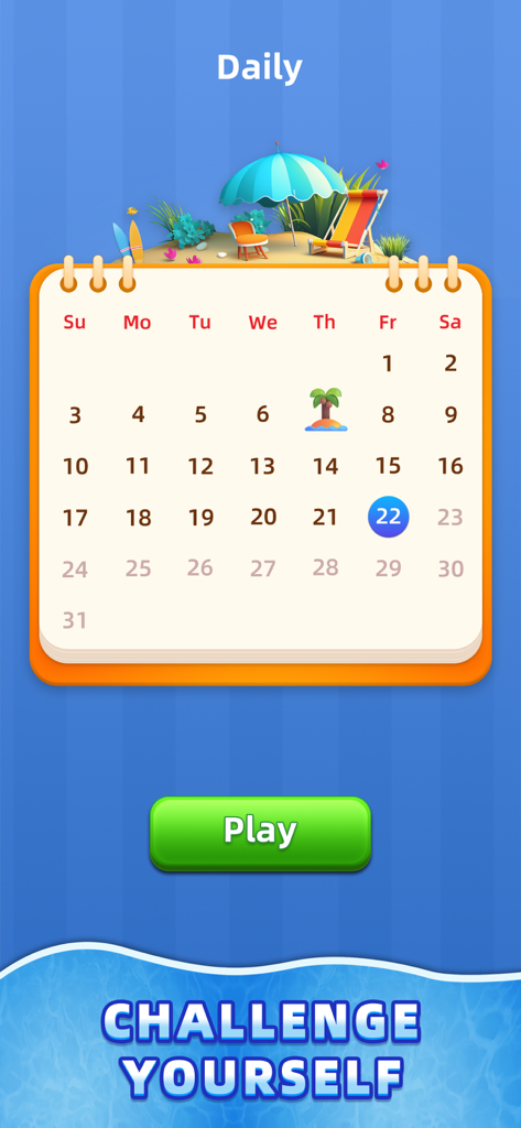 Jigsaw Snap: Tile Puzzle - A daily challenge calendar screen in the Jigsaw Snap mobile app featuring a beach theme and play button.