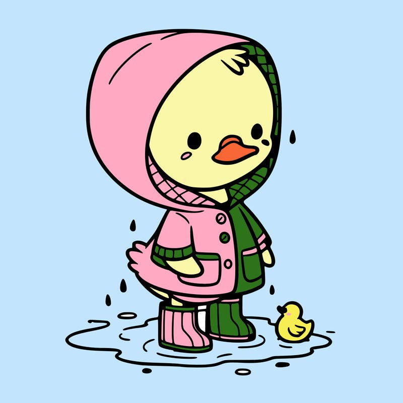 baby duck in a rain coat and boots, in a puddle while it’s raining