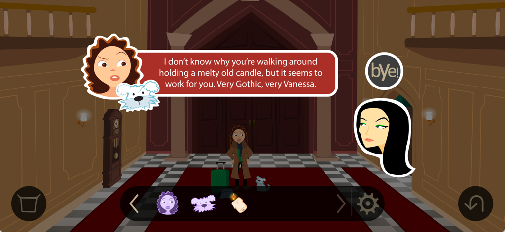 Uma cena de interação e diálogo entre personagens em um casarão gótico do jogo Beast of Bodkin Hall.