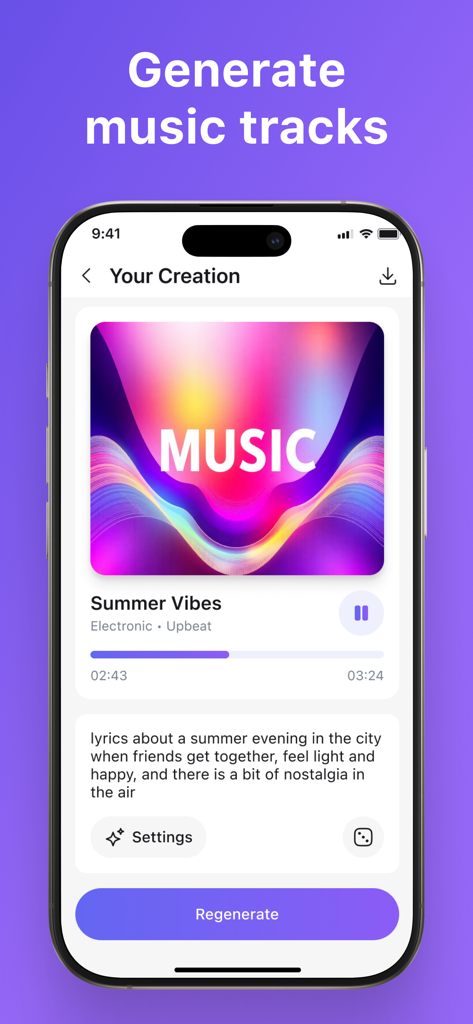 AI Song Maker mobile app interface showing a generated electronic upbeat music track titled Summer Vibes